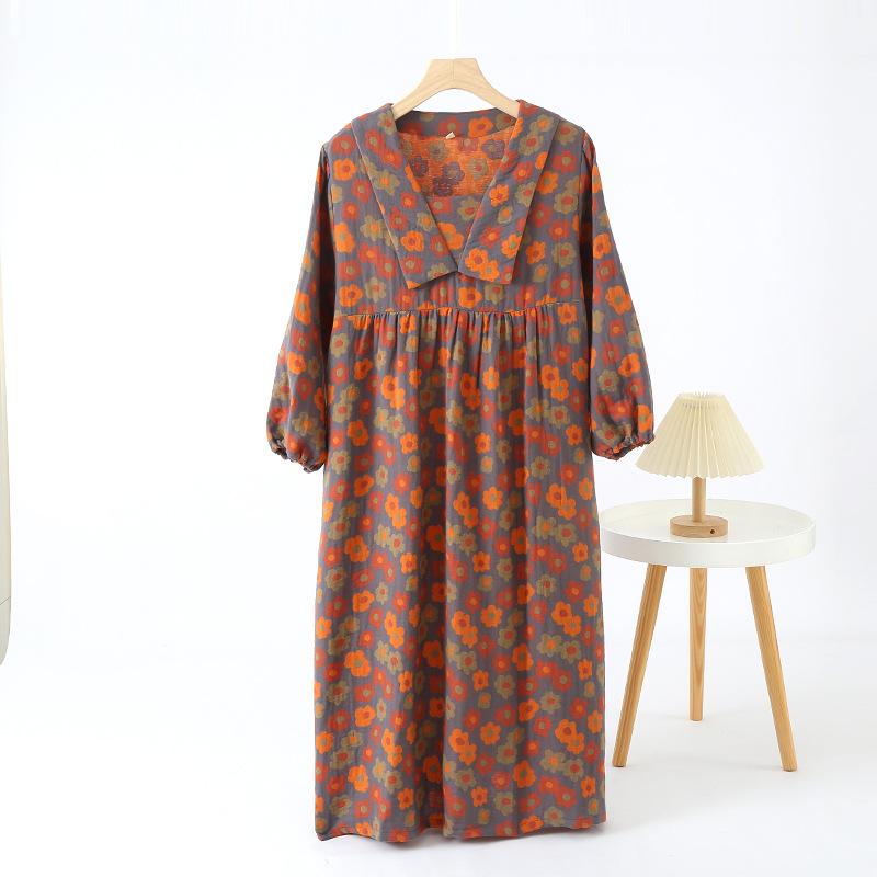 Neues japanisches Damen-Frühlings- und Sommer-Nachthemd 100% Baumwolle Großer Blumendruck Rock Schlichte Übergröße Retro Hauskleid L von Joom DACH