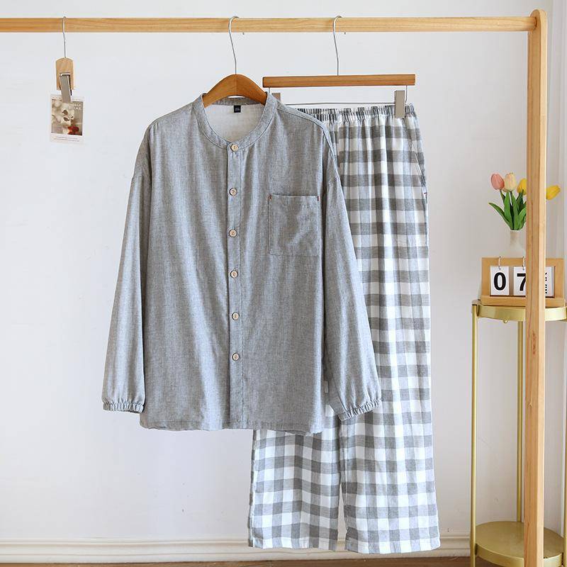 Neues japanisches Herren-Pyjama-Set für Frühling und Herbst, 100 % Baumwolle, kariert, langärmlige Hose, Heimanzug, zweiteiliges Strickjacken-Set für Männer M grau von Joom DACH