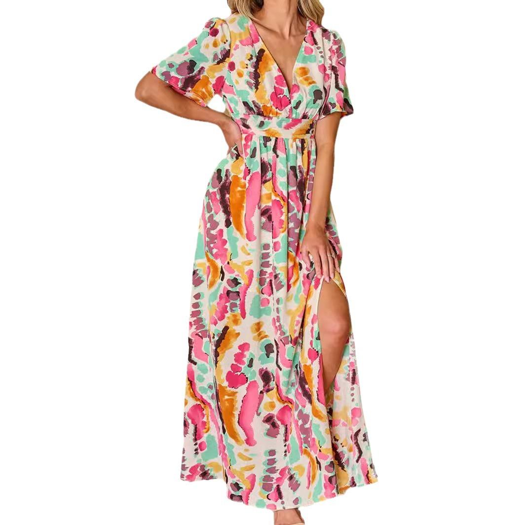 Neues kurzärmliges Kleid mit Schlitz für Damen, bedruckter Schnürrock mit großem Saum für Damen XL bunt von Joom DACH