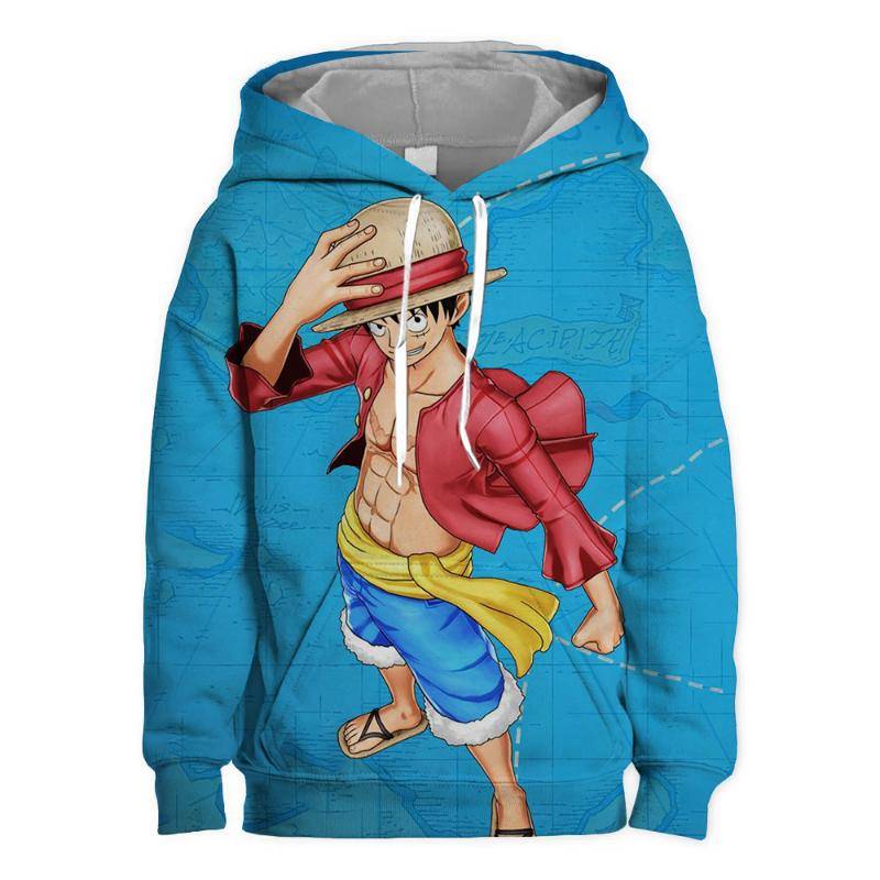 Neues langärmliges Kapuzensweatshirt für Kinder mit One Piece-Aufdruck für Jungen und Mädchen, Kinderoberbekleidung mit Luffy-3D-Aufdruck 150 von Joom DACH