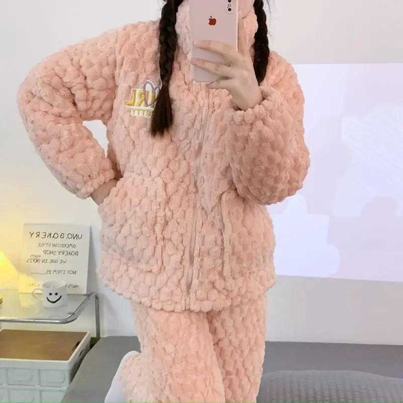 Neues süßes, verdicktes Pyjama-Set, dreilagiger Baumwollpyjama in Korallenfarbe für Damen, Winter-Flanell-Fleece, warmes Winter-Heimkleidungsset 2XL von Joom DACH