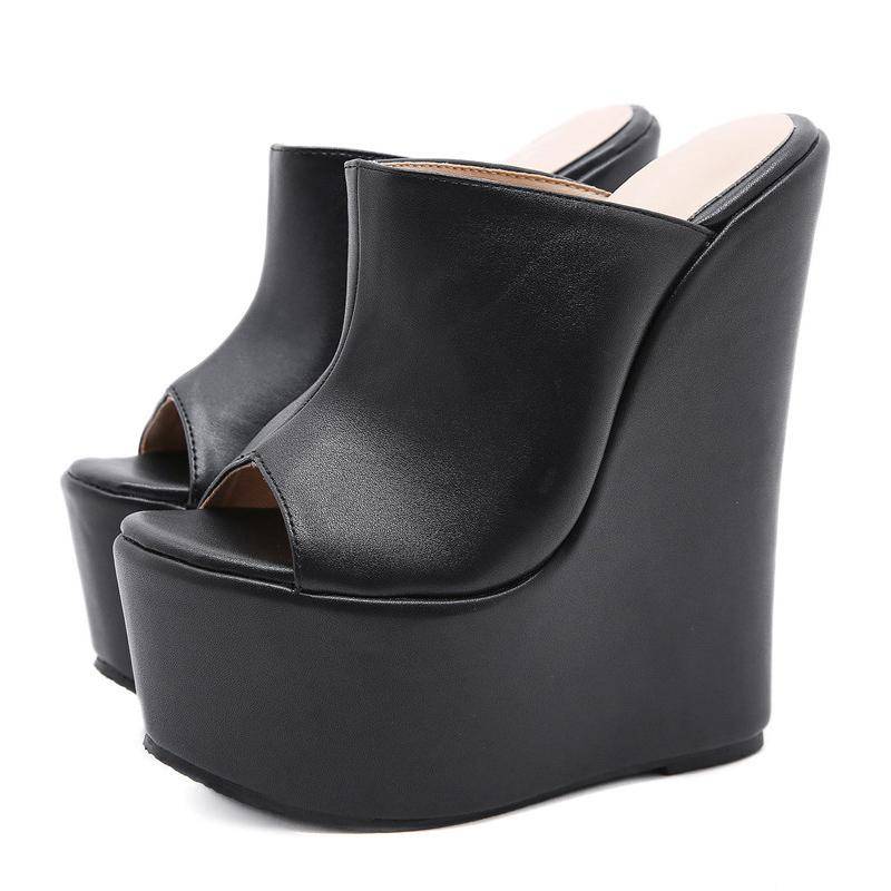 Neueste Beliebte Mode Peep Toe Plattform Keil Hausschuhe Schwarz Sommer Schuhe Frau Super High Heels Sandalen 38 schwarz von Joom DACH