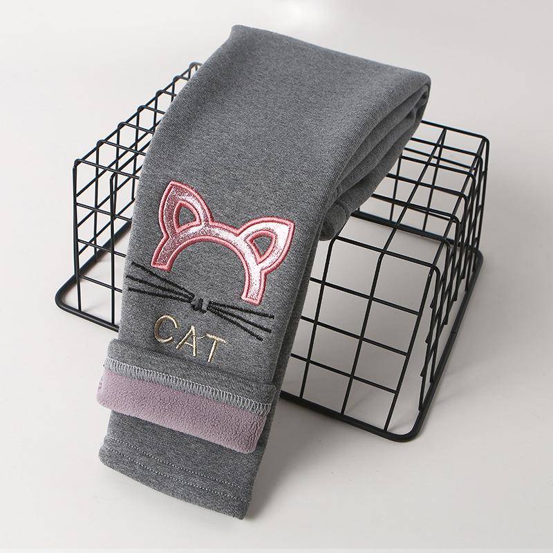 Neueste Mädchen Baumwolle Warme Leggings Outwear Winter Kinder Cartoon Dicke Samt Hosen für Baby Mädchen Nette Katze Muster Hosen 140 licht grau von Joom DACH