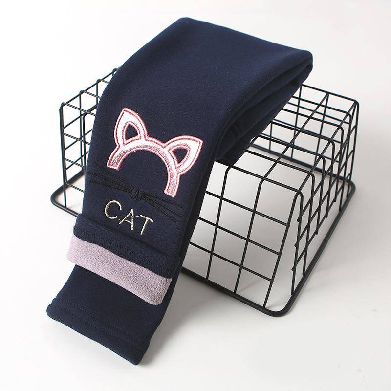 Neueste Mädchen Baumwolle Warme Leggings Outwear Winter Kinder Cartoon Dicke Samt Hosen für Baby Mädchen Nette Katze Muster Hosen 150 dunkelblau von Joom DACH