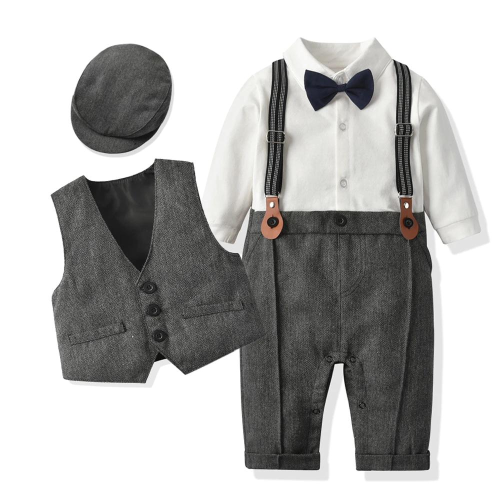 Neugeborenen Jungen Formelle Kleidung Set Infant Junge Gentleman Geburtstag Romper Outfit Mit Hut Weste Langarm Infant Overall Anzug Formale 59(3-6M) grau von Joom DACH