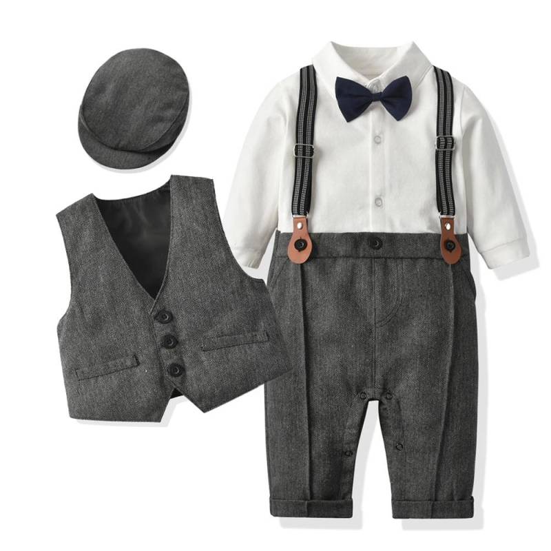 Neugeborenen Jungen Formelle Kleidung Set Infant Junge Gentleman Geburtstag Romper Outfit Mit Hut Weste Langarm Infant Overall Anzug Formale 59(3-6M) grau von Joom DACH
