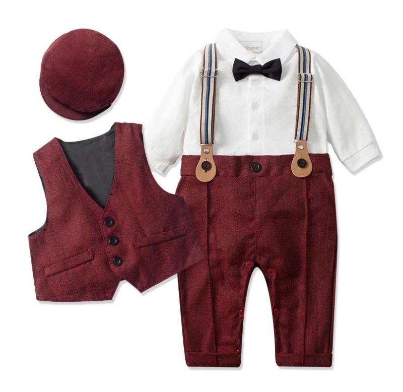 Neugeborenen Jungen Formelle Kleidung Set Infant Junge Gentleman Geburtstag Romper Outfit Mit Hut Weste Langarm Infant Overall Anzug Formale 59(3-6M) dunkelrote von Joom DACH