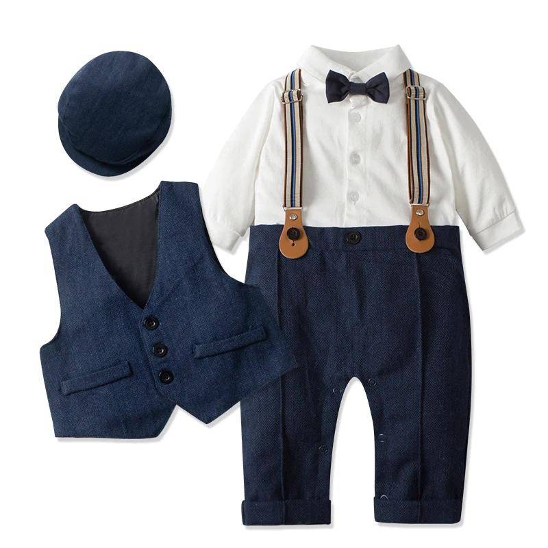 Neugeborenen Jungen Formelle Kleidung Set Infant Junge Gentleman Geburtstag Romper Outfit Mit Hut Weste Langarm Infant Overall Anzug Formale 80(12-18M) navy blau von Joom DACH