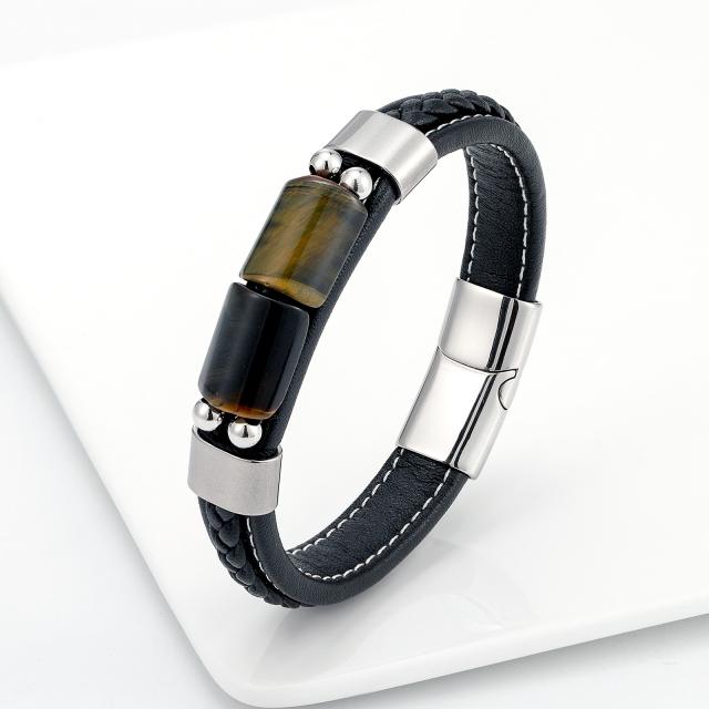 New Lucky Board Retro-Schmuck aus natürlichem Tigerauge-Stein für Herren, Edelstahl-Charme, klassisches schwarzes Lederseil-Armband 21cm schwarz von Joom DACH