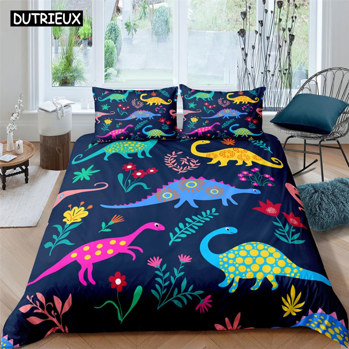 Niedliche Bettwäsche-Sets aus Polyester mit Cartoon-Dinosaurier-Print, für Kinder, Jungen, Bettwäsche-Set für Teenager, Kingsize-Bettwäsche-Set EU single(135x200cm) von Joom DACH