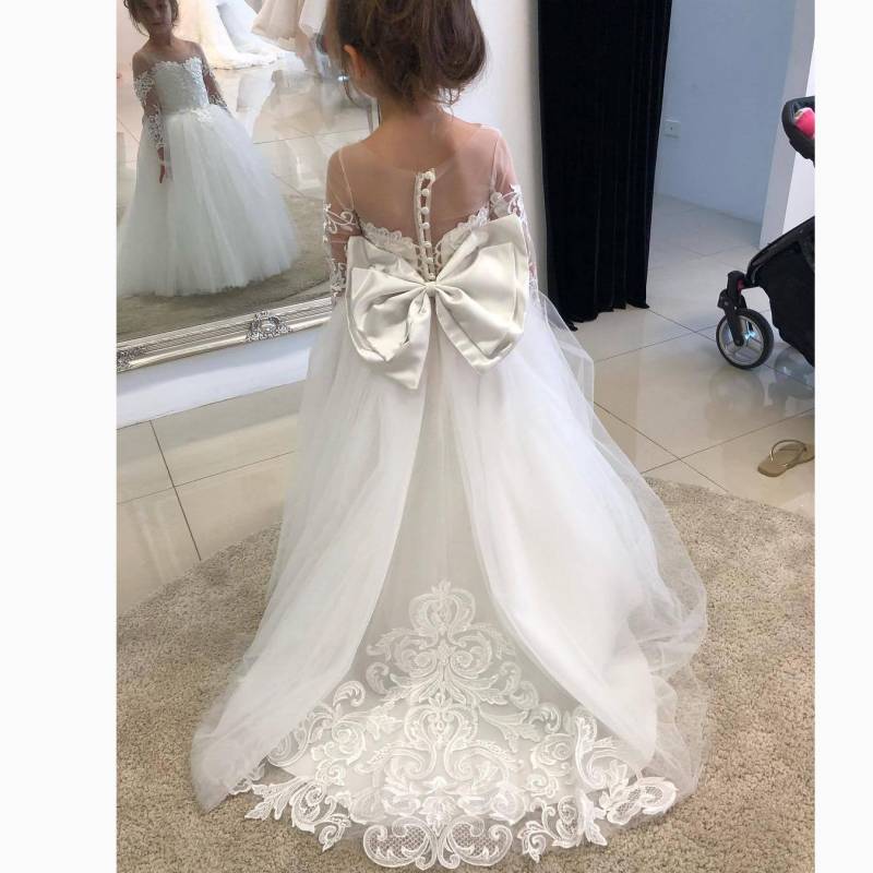 Niedliche Blumenmädchenkleider für die Hochzeit, große Schleife, Applikationen, lange, kleine Festzugskleider, Erstkommunion-Kleider aus weißem Tüll für Mädchen 100cm weiß von Joom DACH