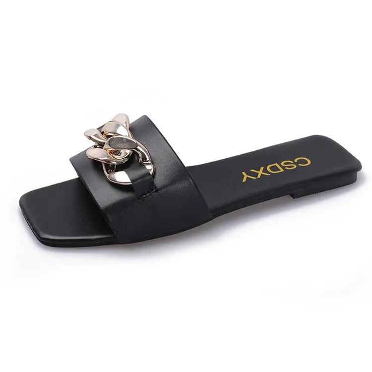 Niedliche Damen Sommer Hausschuhe in Übergröße Quadratische Zehenpartie Kettenslipper Slipper Flache Pantoletten Strandschuhe Zehensandalen Freizeitschuhe Damen 35 schwarz von Joom DACH