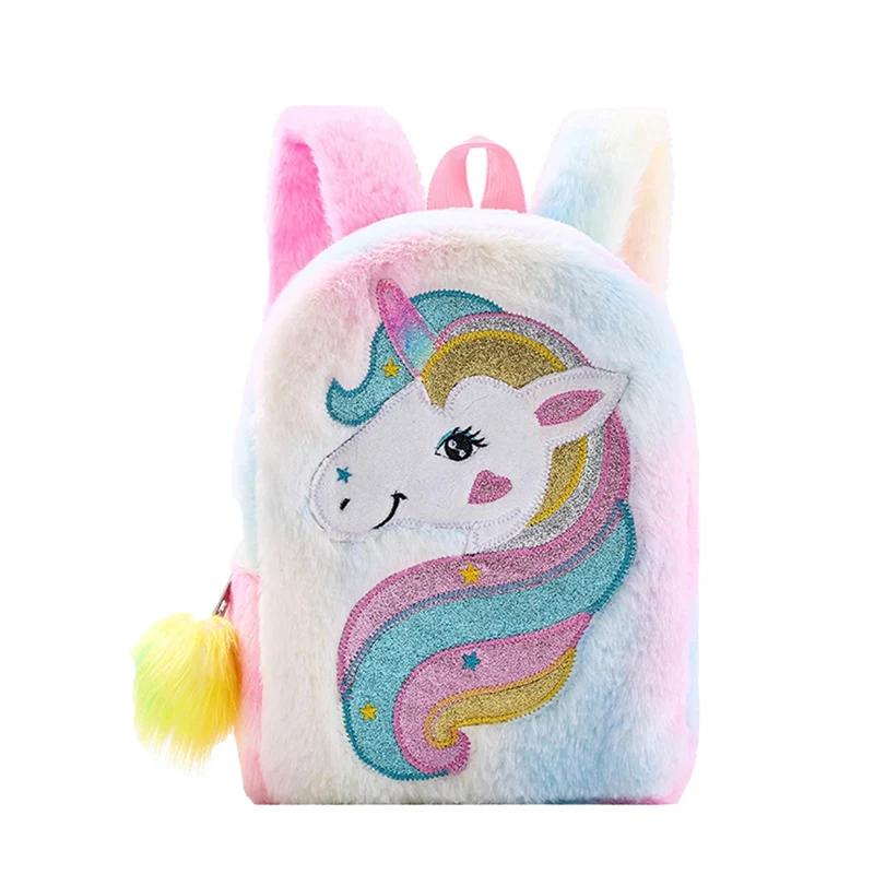 Niedliche Einhorn-Plüsch-Rucksäcke, Cartoon-Tier-Schultasche, Kinder, Winter-Schultaschen, Kinder, bunter weicher Plüsch-Rucksack, Mädchen-Taschen von Joom DACH