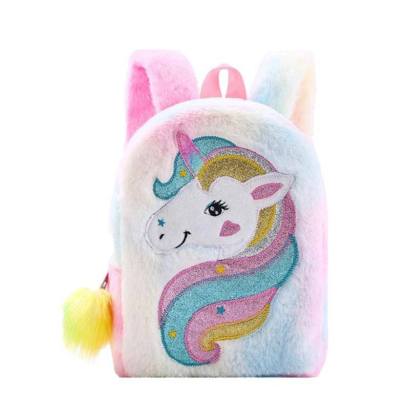 Niedliche Einhorn-Plüsch-Rucksäcke, Cartoon-Tier-Schultasche, Kinder, Winter-Schultaschen, Kinder, bunter weicher Plüsch-Rucksack, Mädchen-Taschen von Joom DACH