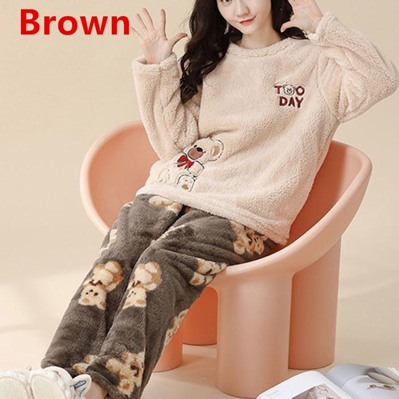 Niedliche Langarm-Nachtwäsche für Damen, Flanell-Pyjama, warm, Herbst-Winter-Pyjama, Plüsch, modisch, Cartoon-Stil, lässige Nachtwäsche 2XL 60-70kg braun von Joom DACH