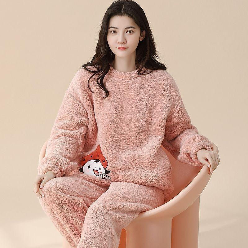 Niedliche Langarm-Nachtwäsche für Damen, Flanell-Pyjama, warm, Herbst-Winter-Pyjama, Plüsch, modisch, Cartoon-Stil, lässige Nachtwäsche 2XL 60-70kg rosa von Joom DACH