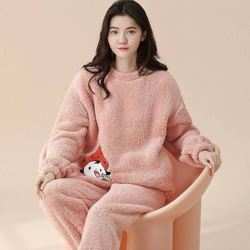 Niedliche Langarm-Nachtwäsche für Damen, Flanell-Pyjama, warm, Herbst-Winter-Pyjama, Plüsch, modisch, Cartoon-Stil, lässige Nachtwäsche 2XL 60-70kg rosa von Joom DACH