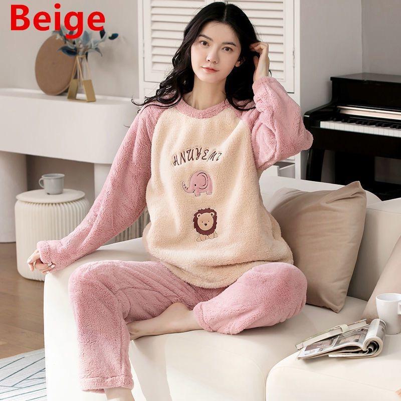 Niedliche Langarm-Nachtwäsche für Damen, Flanell-Pyjama, warm, Herbst-Winter-Pyjama, Plüsch, modisch, Cartoon-Stil, lässige Nachtwäsche M 40-50kg beige von Joom DACH