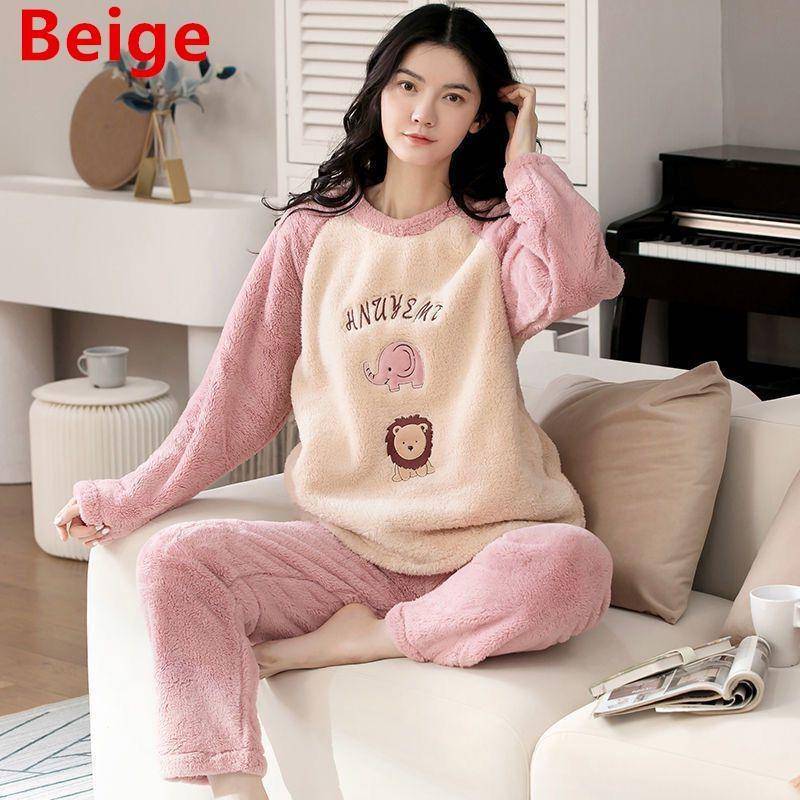 Niedliche Langarm-Nachtwäsche für Damen, Flanell-Pyjama, warm, Herbst-Winter-Pyjama, Plüsch, modisch, Cartoon-Stil, lässige Nachtwäsche M 40-50kg beige von Joom DACH