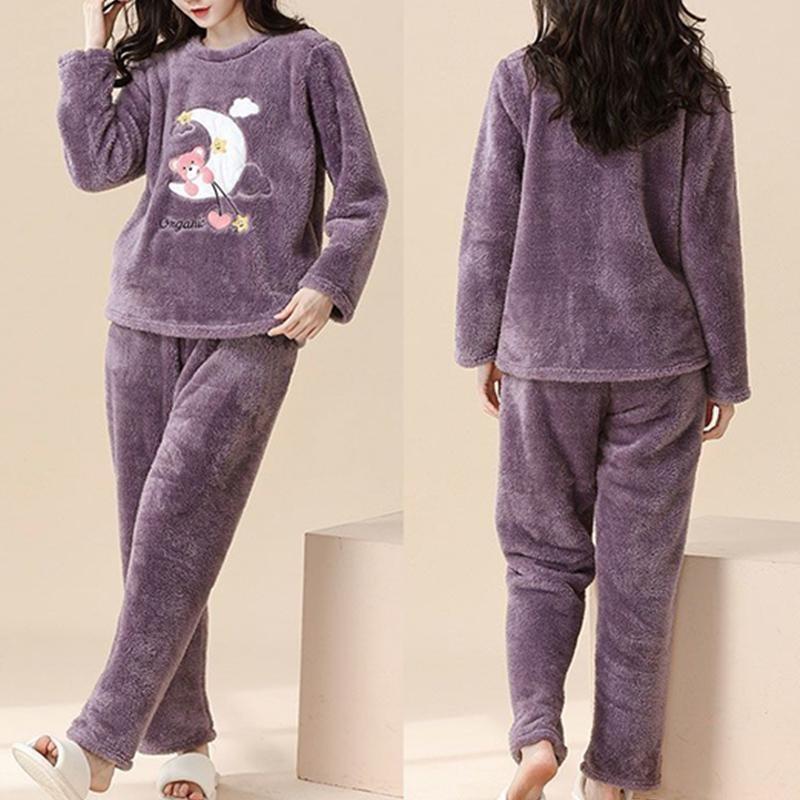 Niedliche Langarm-Nachtwäsche für Damen, Flanell-Pyjama, warm, Herbst-Winter-Pyjama, Plüsch, modisch, Cartoon-Stil, lässige Nachtwäsche XL 55-60kg violett von Joom DACH