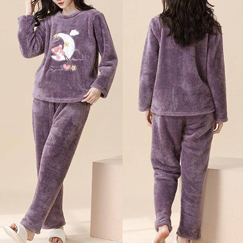 Niedliche Langarm-Nachtwäsche für Damen, Flanell-Pyjama, warm, Herbst-Winter-Pyjama, Plüsch, modisch, Cartoon-Stil, lässige Nachtwäsche XL 55-60kg violett von Joom DACH