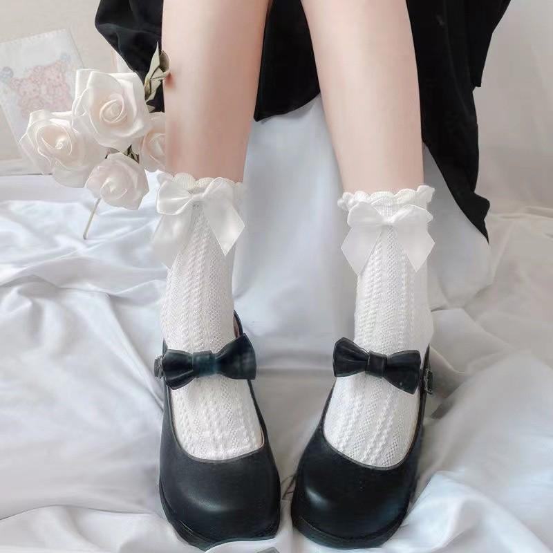 Niedliche Schleife Spitze Japanische Lolita Mid-Tube Socken für Mädchen One Size weiß von Joom DACH