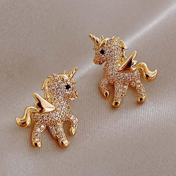 Niedliche Tier-Einhorn-Ohrringe, eingelegte Zirkon-Ohrstecker, Kindertag, Mädchen-Geburtstagsgeschenk, Schmuck gold von Joom DACH