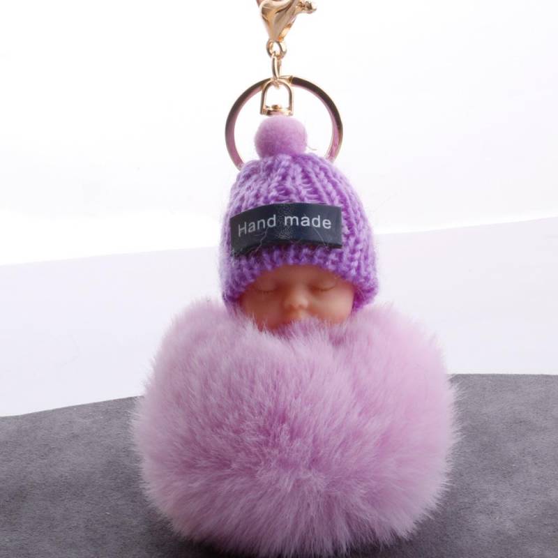 Niedlicher, flauschiger, schlafender Babypuppen-Fellknäuel-Schlüsselanhänger für Damen, Schlüsselanhänger, Tasche violett von Joom DACH