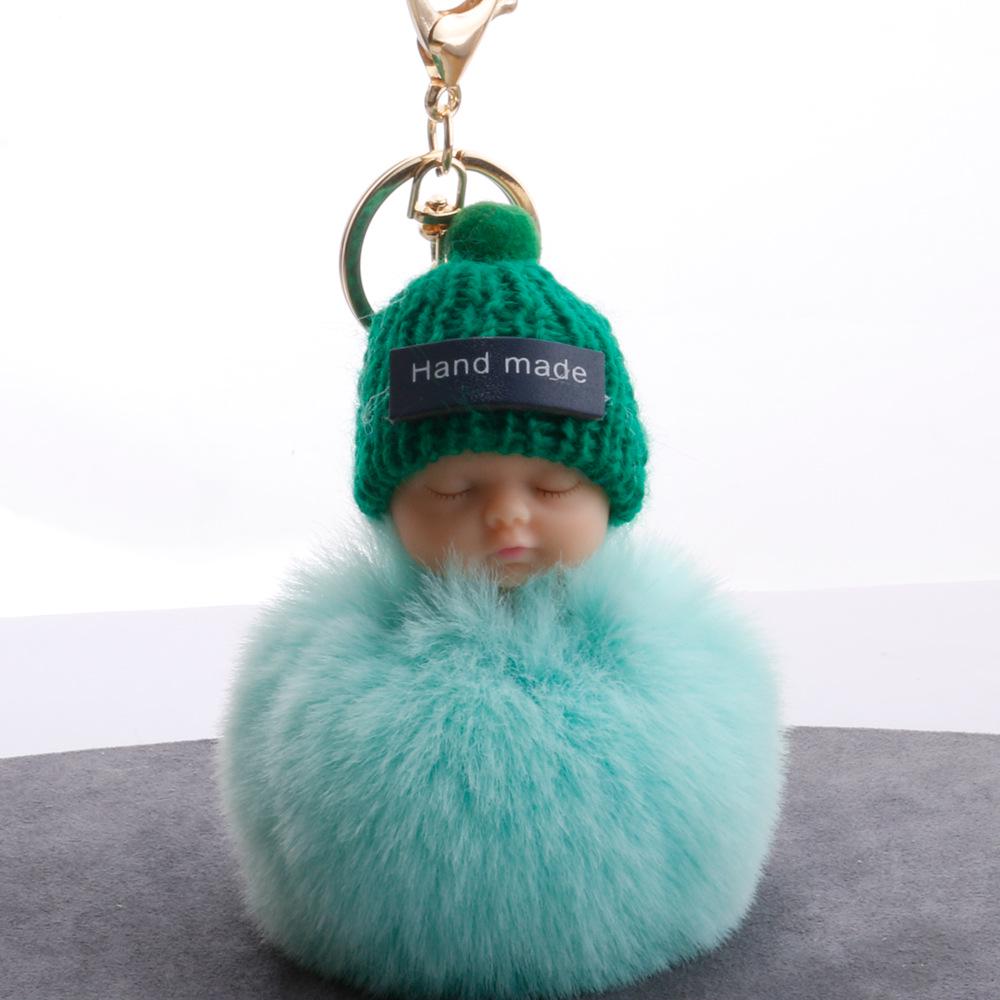 Niedlicher, flauschiger, schlafender Babypuppen-Fellknäuel-Schlüsselanhänger für Damen, Schlüsselanhänger, Tasche grün von Joom DACH