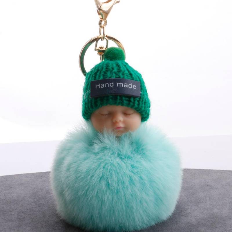 Niedlicher, flauschiger, schlafender Babypuppen-Fellknäuel-Schlüsselanhänger für Damen, Schlüsselanhänger, Tasche grün von Joom DACH