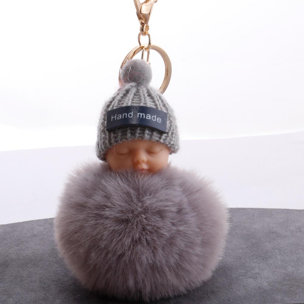 Niedlicher, flauschiger, schlafender Babypuppen-Fellknäuel-Schlüsselanhänger für Damen, Schlüsselanhänger, Tasche grau von Joom DACH
