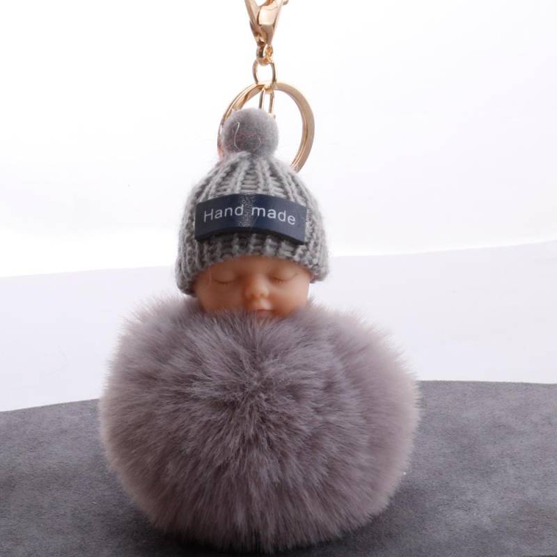Niedlicher, flauschiger, schlafender Babypuppen-Fellknäuel-Schlüsselanhänger für Damen, Schlüsselanhänger, Tasche grau von Joom DACH