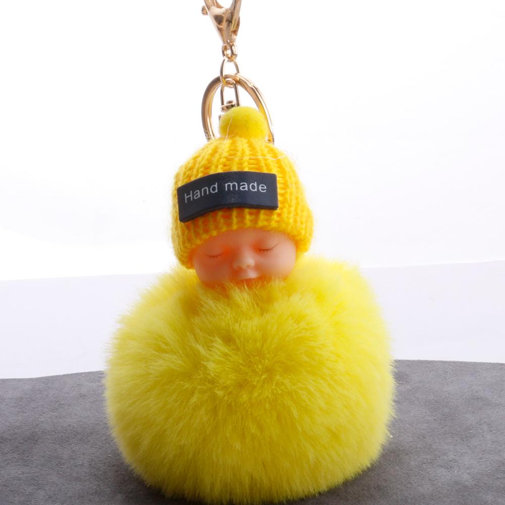 Niedlicher, flauschiger, schlafender Babypuppen-Fellknäuel-Schlüsselanhänger für Damen, Schlüsselanhänger, Tasche gelb von Joom DACH