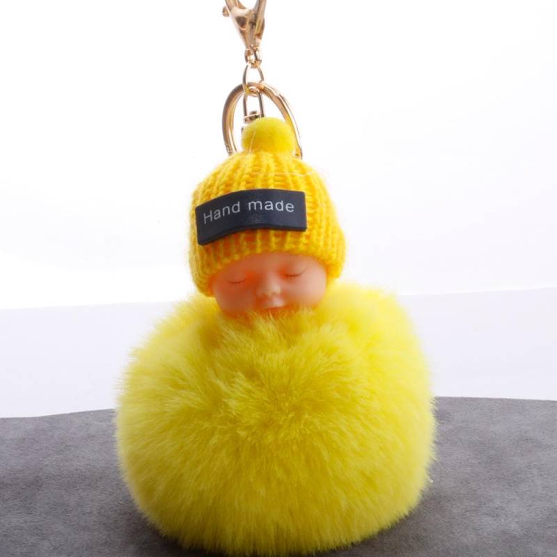 Niedlicher, flauschiger, schlafender Babypuppen-Fellknäuel-Schlüsselanhänger für Damen, Schlüsselanhänger, Tasche gelb von Joom DACH