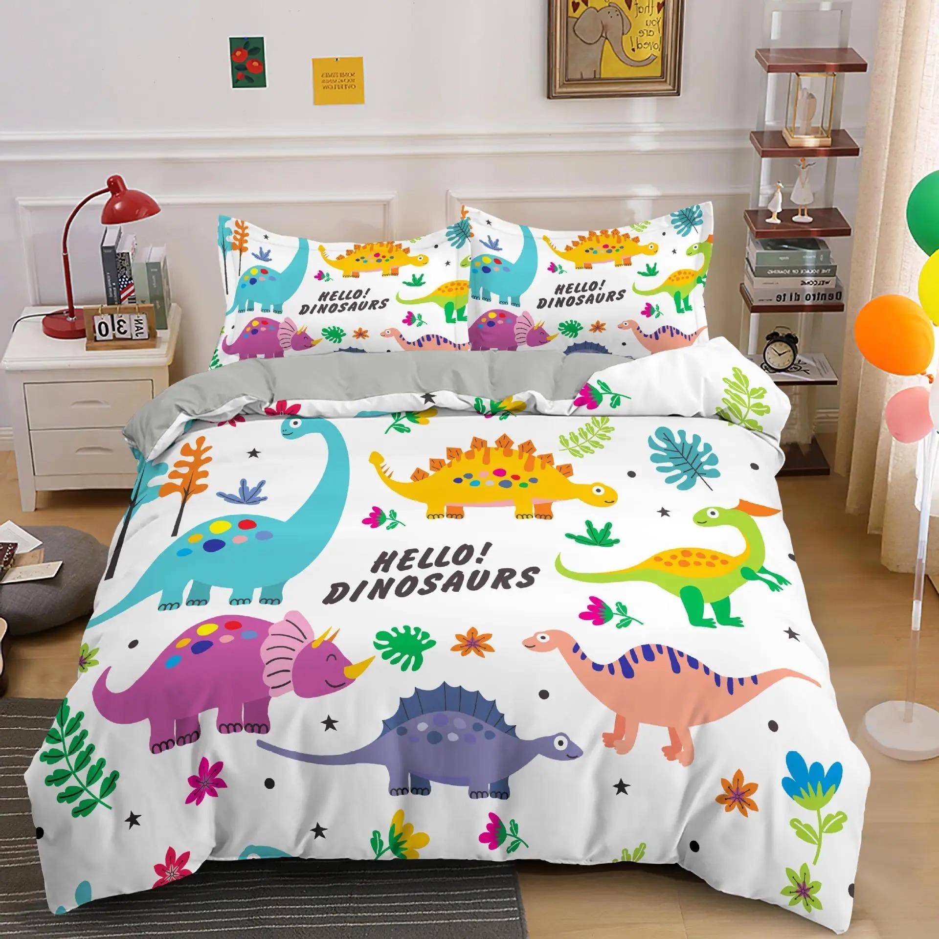 Niedlicher Dinosaurier Bettbezug Kinder 3D Cartoon Tier Bettwäsche Set Full/Queen Mikrofaser Bettdeckenbezug für Jungen Mädchen Kinder Schlafzimmer Dekor 70x133cm von Joom DACH