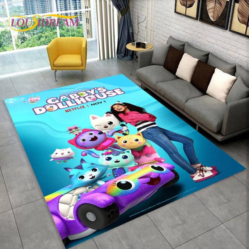 Niedlicher Gabbys Puppenhaus-Cartoon-Teppich für Zuhause, Wohnzimmer, Schlafzimmer, Sofa, Fußmatte, Dekor, Kinderspielbereich, rutschfeste Bodenmatte 80cm x 120cm von Joom DACH