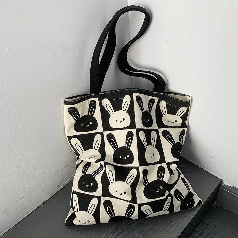 Niedlicher Hase Canvas Damen Schulter-Einkaufstasche Große Kapazität Handtaschen Mädchen Studentin Klasse Reißverschluss Koreanische Tote Shopper Mode schwarz von Joom DACH