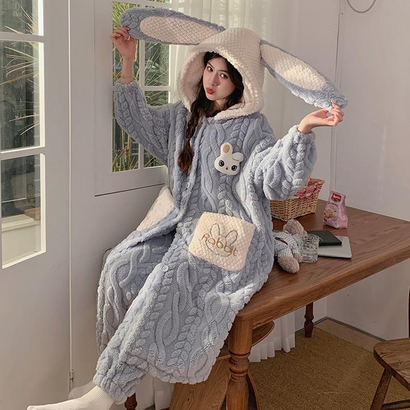 Niedlicher Korallenfleece-Winter-Schlafanzug mit Hosen-Set, warm, Kawaii-Nachthemd mit Kapuze, Mädchen, Homewear-Anzug, Pyjama M von Joom DACH