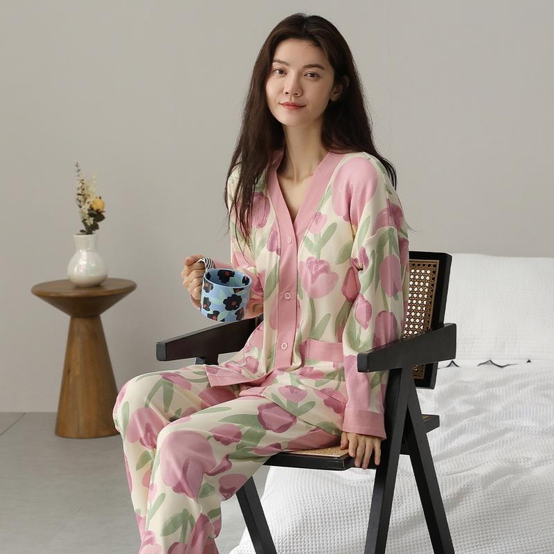 Niedlicher Pyjama aus Baumwolle, gemütlich, für Damen, lange Ärmel, lange Hose, Knopfleiste mit BH, gepolstert, Herbst/Winter, Nachthemden, Kawaii, Damen-Nachtwäsche 2XL von Joom DACH