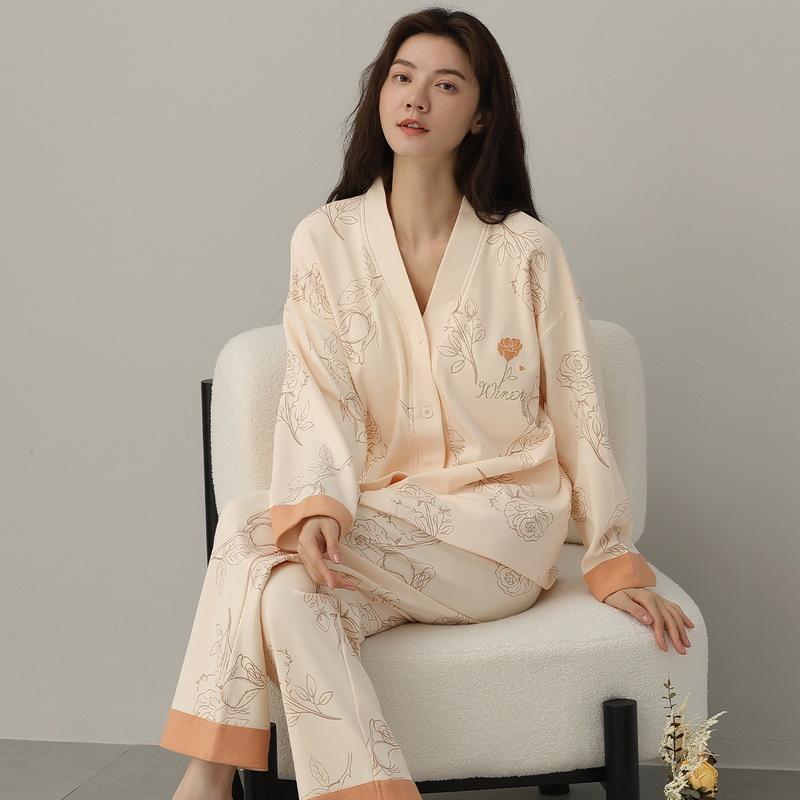 Niedlicher Pyjama aus Baumwolle, gemütlich, für Damen, lange Ärmel, lange Hose, Knopfleiste mit BH, gepolstert, Herbst/Winter, Nachthemden, Kawaii, Damen-Nachtwäsche 2XL von Joom DACH