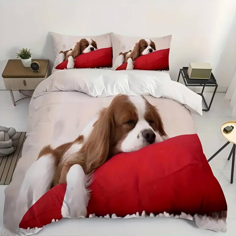 Niedlicher schlafender Welpe Hund 3D Cartoon Druck Bettbezug Niedlicher Tierstil Bequemer Polyester Bettdeckenbezug mit Kissenbezug EU single(135x200cm) von Joom DACH