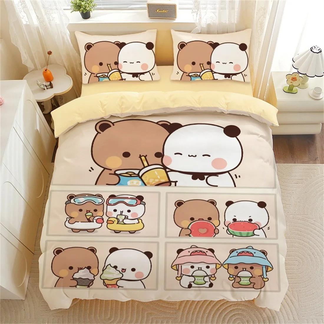 Niedliches Bären-Bettwäsche-Set, Bubu Dudu Bär bedruckter Bettbezug für Kinder Jungen Mädchen Teenager, Cartoon-Tier-Muster Steppdeckenbezug Einzelbett AU Single 140x210cm von Joom DACH