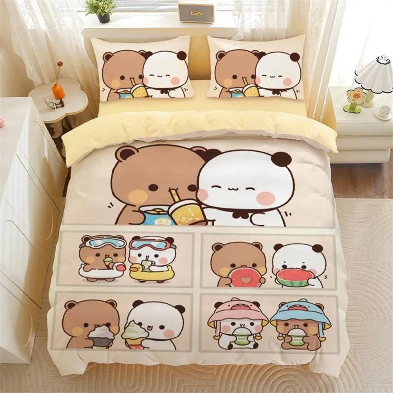 Niedliches Bären-Bettwäsche-Set, Bubu Dudu Bär bedruckter Bettbezug für Kinder Jungen Mädchen Teenager, Cartoon-Tier-Muster Steppdeckenbezug Einzelbett AU Single 140x210cm von Joom DACH
