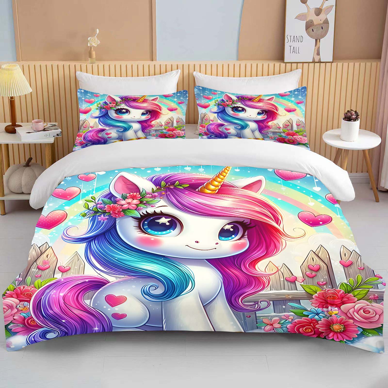 Niedliches Cartoon Einhorn Druck Bettwäsche Set Bettbezug 1 Bettbezug 2 Kissenbezüge Erwachsenen- und Kinderbettwäsche Set Luxus Geschenk für Mädchen EU Twin 135X200cm&set von Joom DACH
