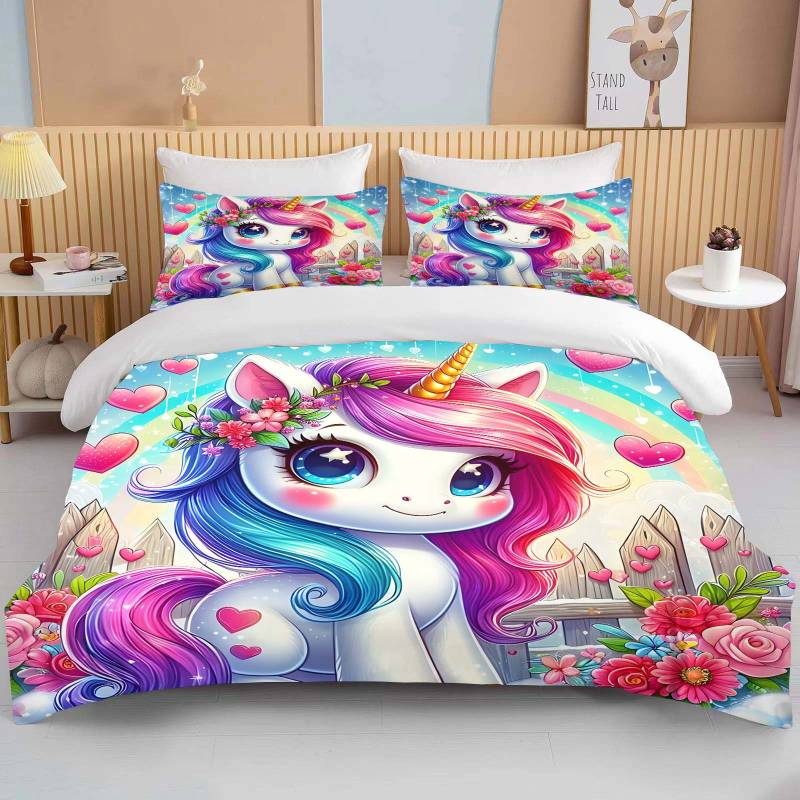 Niedliches Cartoon Einhorn Druck Bettwäsche Set Bettbezug 1 Bettbezug 2 Kissenbezüge Erwachsenen- und Kinderbettwäsche Set Luxus Geschenk für Mädchen EU Twin 135X200cm&set von Joom DACH