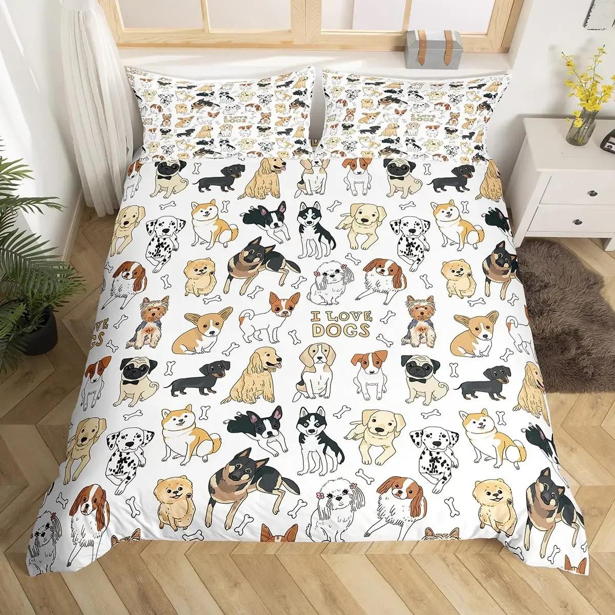 Niedliches Hundebettwäscheset für Kinder, Bettwäsche mit Cartoon-Hunden, Bettbezug für Jungen und Mädchen, Haustier, Tier, Polyester, Bettbezug US Twin(172x218cm) von Joom DACH
