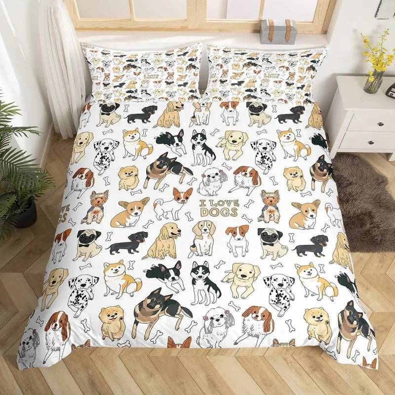 Niedliches Hundebettwäscheset für Kinder, Bettwäsche mit Cartoon-Hunden, Bettbezug für Jungen und Mädchen, Haustier, Tier, Polyester, Bettbezug US Twin(172x218cm) von Joom DACH