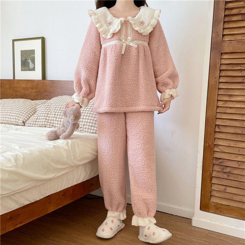 Niedliches Pyjama-Set im koreanischen Stil für Damen, Winter, warm, weich, süßer Puppenkragen, rosa/blau, Nachtwäsche für Mädchen, langärmelig, Homewear, Pyjama-Anzug M rosa von Joom DACH