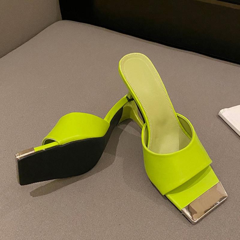 Niedrige Dünne Hohe Absätze Damen Grün Leder Pantoletten Mode Metall Dekoration Eckige Zehen Sommer Sandalen Pantoletten Schuhe Pumps Größe35-39 35 grün von Joom DACH