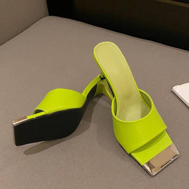 Niedrige Dünne Hohe Absätze Damen Grün Leder Pantoletten Mode Metall Dekoration Eckige Zehen Sommer Sandalen Pantoletten Schuhe Pumps Größe35-39 35 grün von Joom DACH